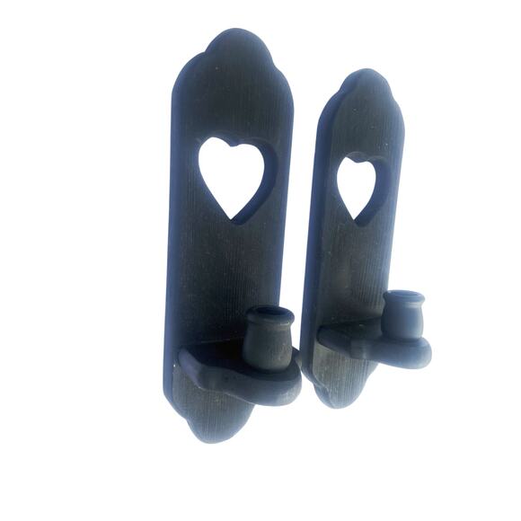 Vtg Black Country Wooden Wall Sconces w/ Heart Cutouts Candle Holder Farmhouse - Picture 2 of 5